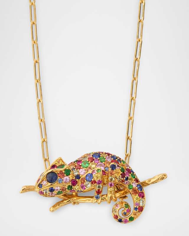 Ark 18K Yellow Gold Multi Sapphire and Onyx Chameleon Brooch Pendant and Chain, 18"L